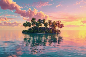 Fototapeten illustration of a small island with lots of palm trees in beautiful pink sunset sky with turquoise ocean around © Claudia Nass
