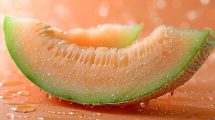 Macro photography of a sweet cantaloupe slice, a natural fruit on a table - obrazy, fototapety, plakaty