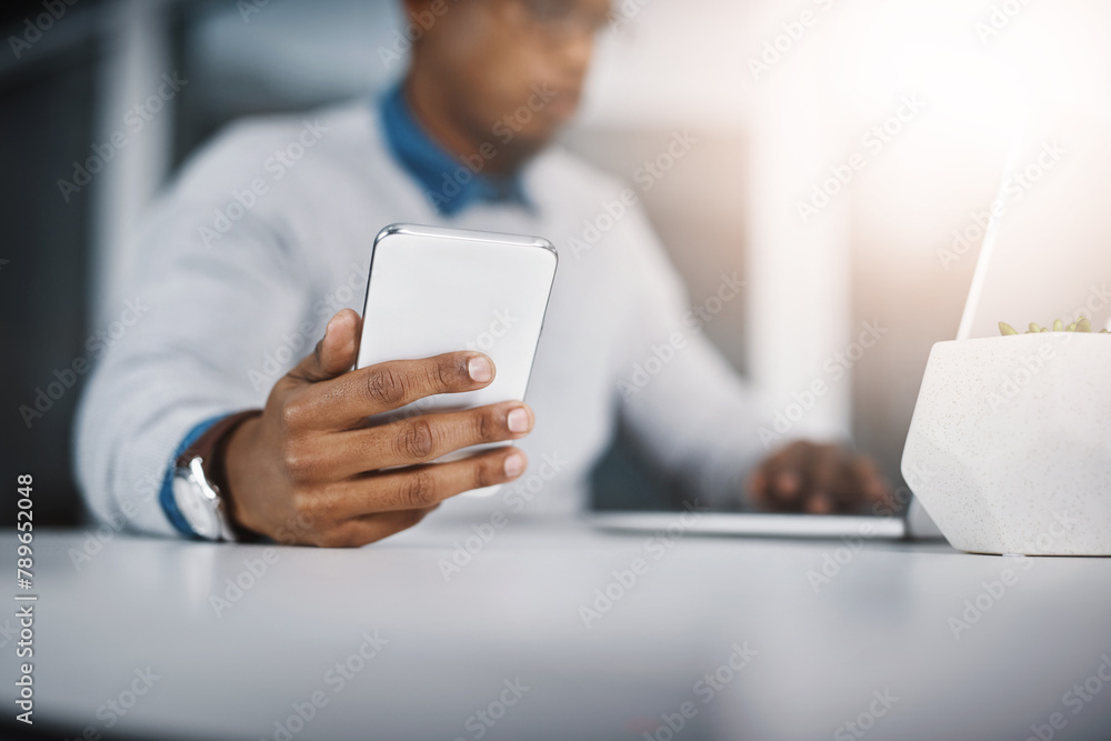 Poster laptop, smartphone and hand of man at desk for communication, networking or online research at tech 