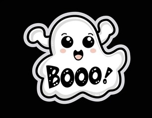 sticker of a ghost with text boo on black background - obrazy, fototapety, plakaty