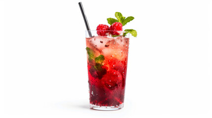 A refreshing cocktail made with raspberries and mint leaves, served in a highball glass with a straw for sipping. The perfect combination of fruit and freshness