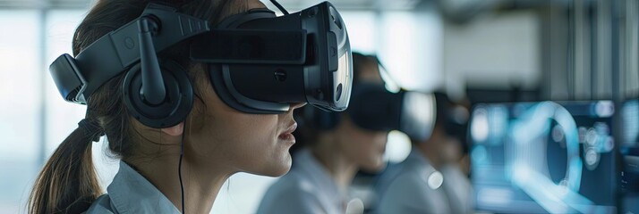 Group of people wearing virtual headsets at work in office