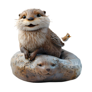 A 3D cartoon render of a small bird perched on an otter's back.