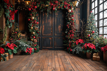 Fototapeta na wymiar A photography backdrop that has dark blue colored wood paneling with garland and Christmas lights, lanterns. Created with Ai