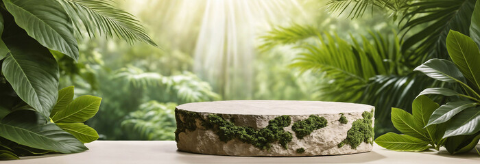 Natural mossy stone podium in Natural green jungle background for Empty show for packaging product presentation Background for cosmetic products, perfume jewellery, mock up, backdrop, banner, ad