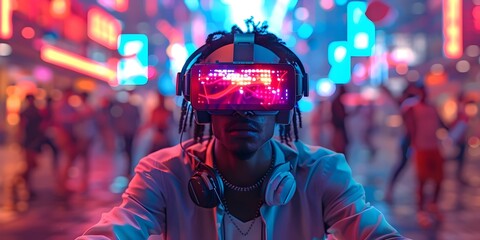Portrait of a dj with virtual reality glasses playing music at a futuristic party