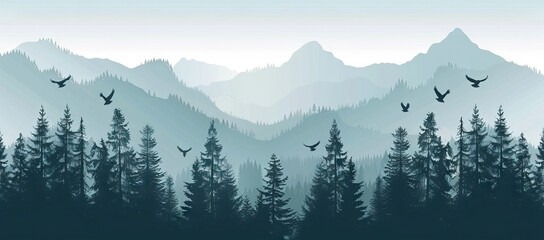 illustration of mountain landscape with forest and flying birds under cloudy sky with dawn. AI generated illustration