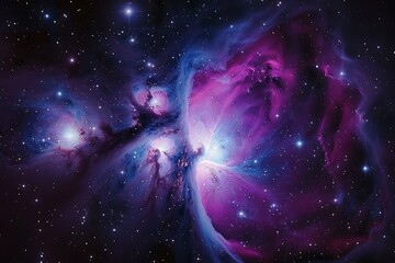 Orion Nebula - M42. Image of Orion Nebula (Messier M42) and the Running Man Nebula (NGC1977, left), two diffuse nebulas south of the Orion s belt in the constellation of Orion.  - obrazy, fototapety, plakaty