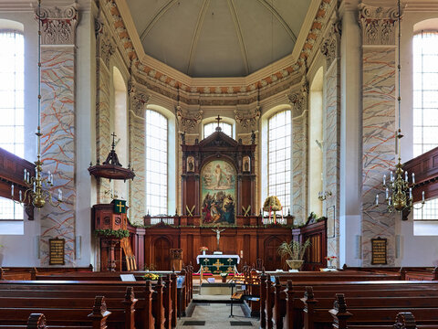 Schwerin, Germany. Interior of Schelf Church of St. Nicholas. The current church in the Schelfstadt quarter of Schwerin was built in 1708-1713 according to plans by Jacob Reutz.