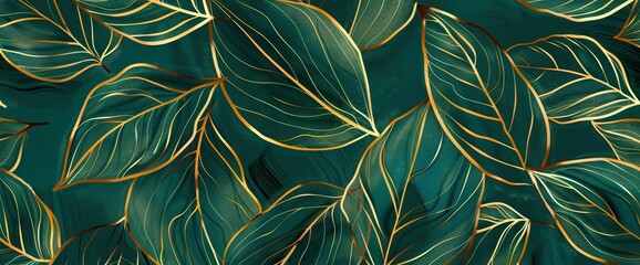 Luxury golden art deco wallpaper. Nature background. Floral pattern with golden split-leaf Philodendron plant with monstera plant line art. AI generated illustration