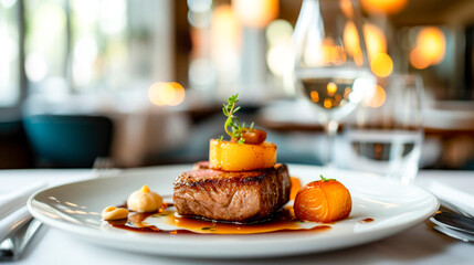 A plate of food with a steak and a side of vegetables