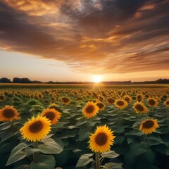 Fototapeta premium A dramatic sunset over a field of sunflowers1