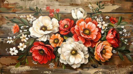 A painting of red, white, and orange flowers on a wooden background. - obrazy, fototapety, plakaty