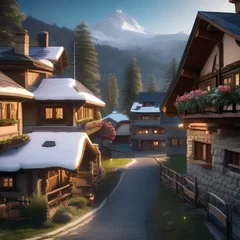 Fotobehang A picturesque alpine village with snow-capped peaks2 © Ai.Art.Creations