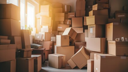 Room cluttered with stacked cardboard boxes