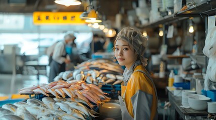 Young Asian fishmonger working at her stall selling fresh fish on the street