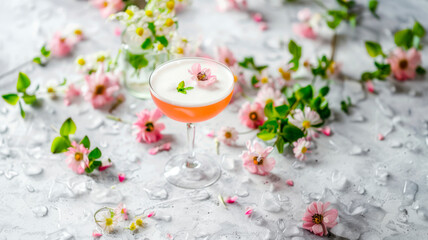 A cocktail in a coupe glass on a table adorned with pink flowers. The elegant stemware complements the drink, adding a touch of sophistication to the setting - obrazy, fototapety, plakaty