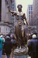 Obraz premium In the city square there is a bronze statue of Themis, blindfolded, representing justice and law.
