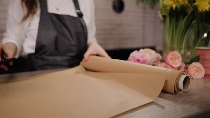Professional florist woman in black apron cuts craft wrapping paper for flower bouquet with scissors on table in floristry workshop close up