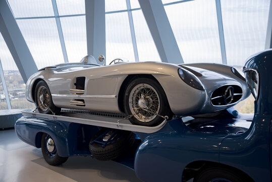 The racing sports car Mercedes-Benz 300 SLR on the trailer, 1955. Mercedes-Benz Museum.