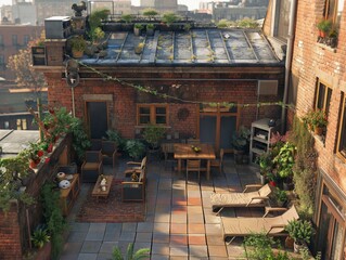 A small courtyard with a brick building and a green roof. The courtyard has a table and chairs, and a few potted plants. Scene is peaceful and relaxing - obrazy, fototapety, plakaty