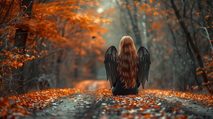 A woman with angel wings sitting in the woods under a tree - obrazy, fototapety, plakaty