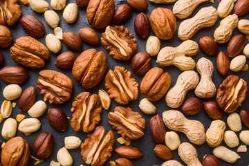 Nuts walnut peanuts almond seeds Assortment of nuts including walnuts, peanuts, and almond seeds - obrazy, fototapety, plakaty