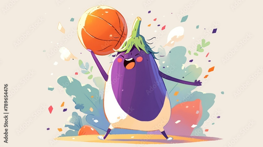 Poster A lively eggplant known as aubergine is hitting the gym with a basketball in this fun and vibrant illustration This adorable vegetable brimming with vitamins and goodness is portrayed as a 