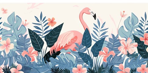 Watercolor tropical wildlife, flamingo bird, seamless. Hand Drawn jungle nature, flowers illustration. Print for textile, cloth, wallpaper, scrapbooking. AI generated illustration