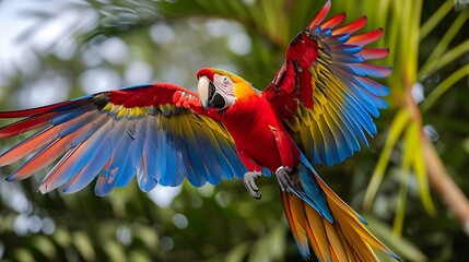 A Vibrant Parrot Captured Mid-Flight, Its Colorful Feathers a Brilliant Display Against the Clear Sky