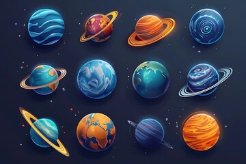 Planets decorative set. Solar system planets decorative icons set isolated on dark background vector illustration .