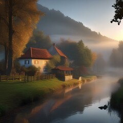 A foggy morning in a quiet village4 - obrazy, fototapety, plakaty