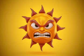 View 3D angry sun with yellow background Expressive 3D depiction of an angry sun on yellow background - obrazy, fototapety, plakaty