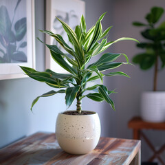 Dracaena plant in a stylish white pot against grey backdrop