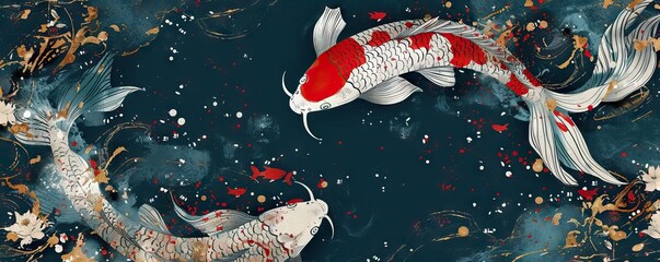 Asian background ,Oriental Japanese style abstract pattern background design with koi fish decorate in water color texture. AI generated illustration - obrazy, fototapety, plakaty