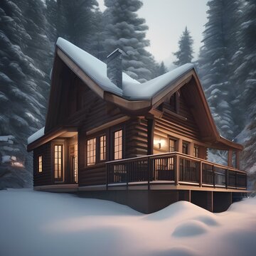 A cozy cabin in the woods surrounded by snow1