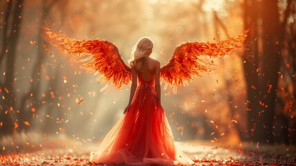 A woman in a red dress with angel wings in a forest setting - obrazy, fototapety, plakaty