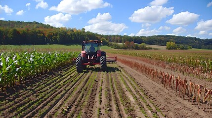 Obraz premium Red Tractor Tilling Soil in a Field on a Sunny Day, Rural Farming Scene Capturing Agriculture and Nature. AI