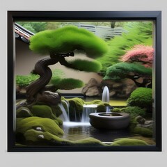 A tranquil Japanese garden with a pond and bonsai trees3