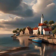 A quaint seaside village with fishing boats and a lighthouse3