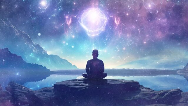Person in lotus pose, is positioned against the backdrop of towering mountains, concept of inner harmony and balance.