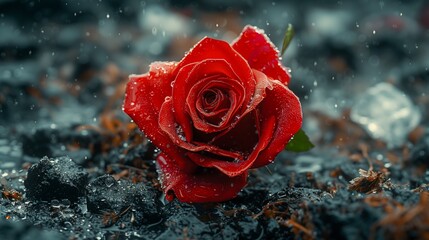 A red Hybrid tea rose lies on the wet ground, soaked in the rain - obrazy, fototapety, plakaty