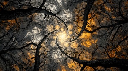 Cloudy sky visible through the crowns of bare trees. The clouds are gray and orange, and the tree branches create a network of intertwining shapes.