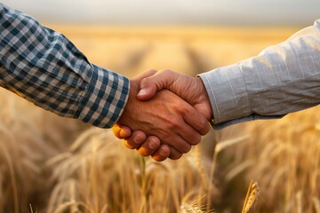 Two farmers shake hands in front of a wheat field closeup, two farmers shake hands at the wheat field, farmer deal confirm, deal confirm closeup, two farmer deal confirm at the field, farmer, wheat