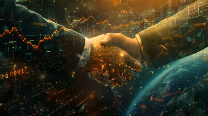 Digital Handshake in Business: A Fusion of Human Interaction and Technology. Network Background signifying Partnership and Strategy. AI