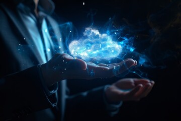 Businessman touching glowing cloud technology concept on dark background, Business man in the style of suit holding big white and blue data network clouds Generative AI