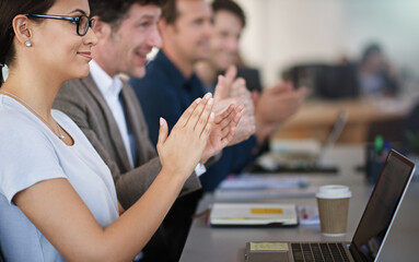 Business people, clapping and motivation in boardroom for triumph, support and celebration of...