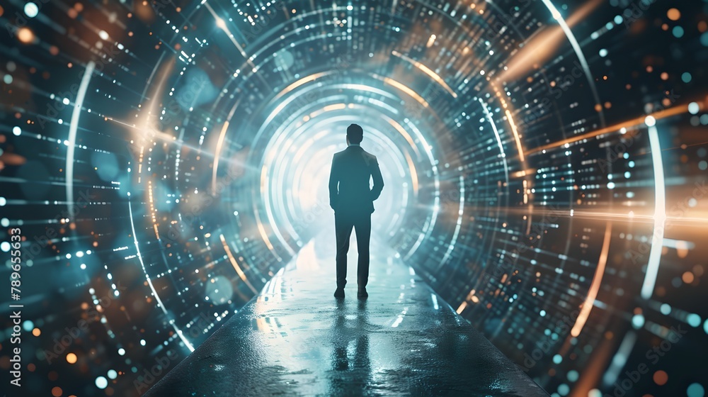 Poster man standing at the entrance of a futuristic tunnel. mysterious sci-fi scene. conceptual image of ex