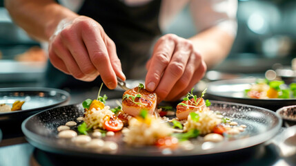 Obraz na płótnie Canvas A chef is preparing a plate of food with a garnish of parsley
