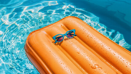 Refreshing Summer on an Orange Airbed and Cool Sunglasses in a Crystal Blue Swimming Pool.